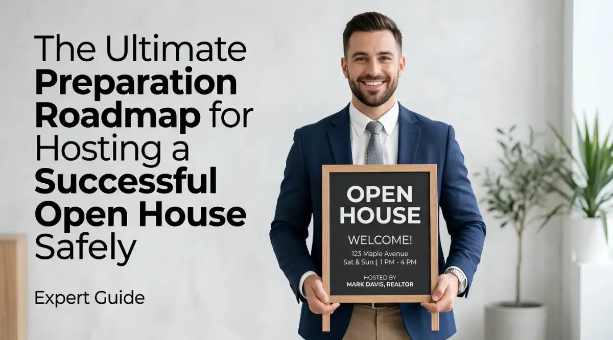 A professional real estate agent preparing a secure and welcoming environment for a successful open house event.