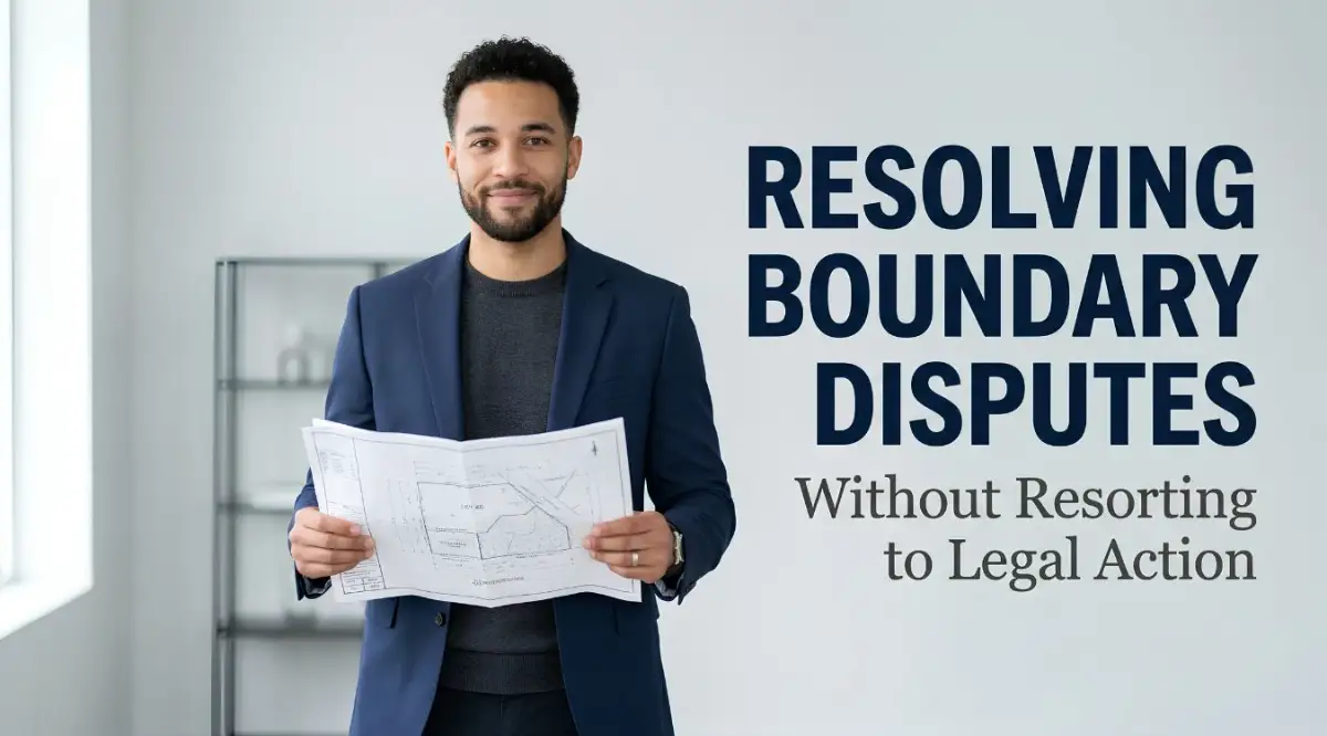 A smart young man holding a property blueprint to help explain how resolving boundary disputes with neighbors without resorting to legal action can save homeowners money and mental peace.