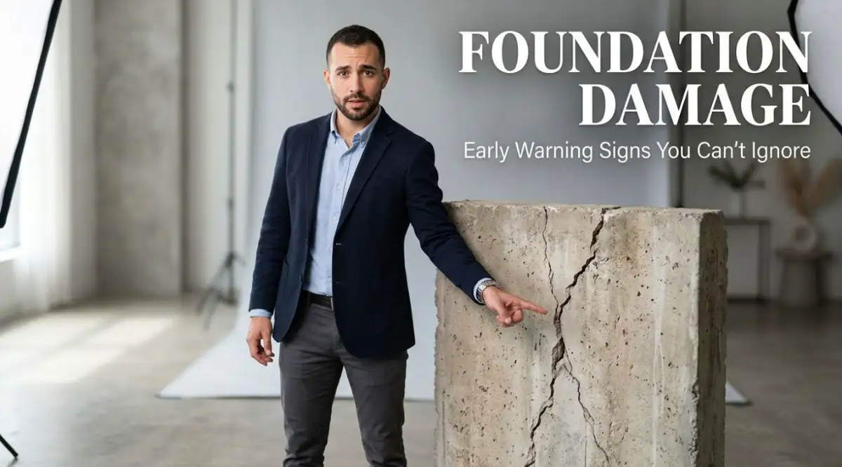 A smart young homeowner pointing out the early warning signs of structural foundation damage on a clean studio background to educate property owners.