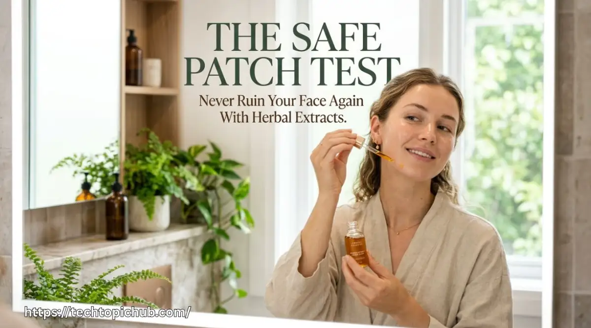 A woman carefully patch testing an herbal extract on her jawline for safe skin care and smooth skin.